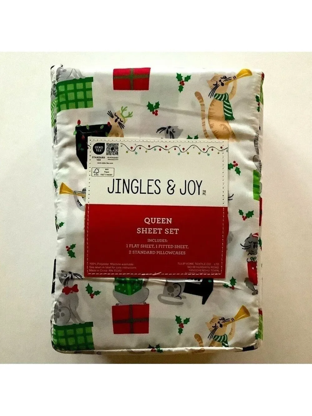 Jingles & Joy Christmas Cats Sheet Set 4-pc. Queen New